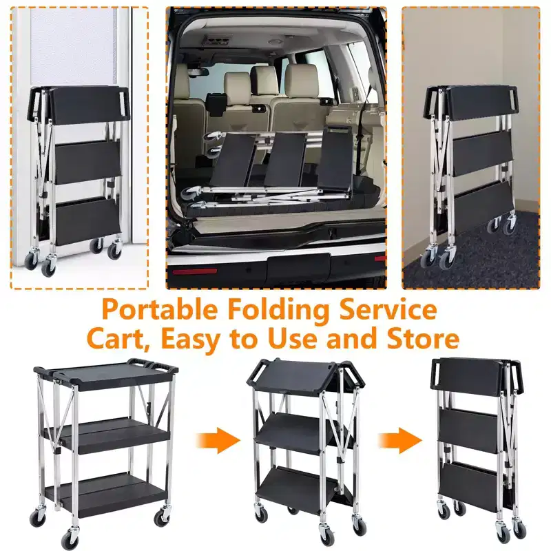 Utility Cart, Rolling Cart - Heavy Duty 3-Shelf Foldable with Wheels, 330 Lbs Capacity, Collapsible Service Cart (Black)