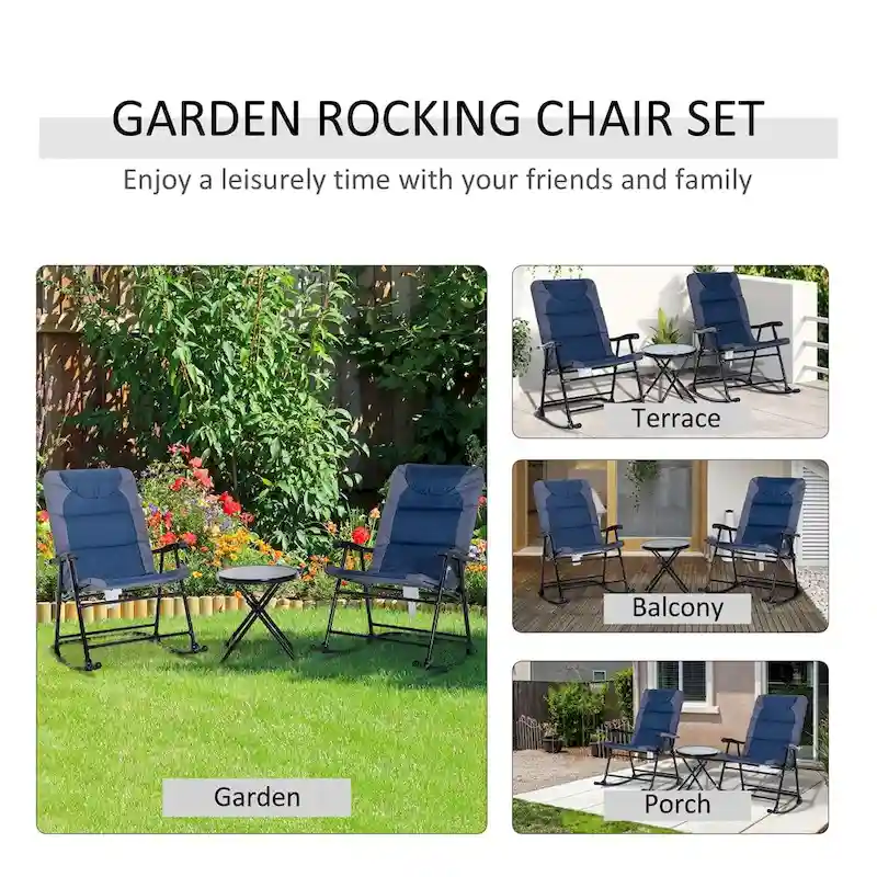 3 Piece Patio Folding Rocking Chairs Set with Glass Coffee Table