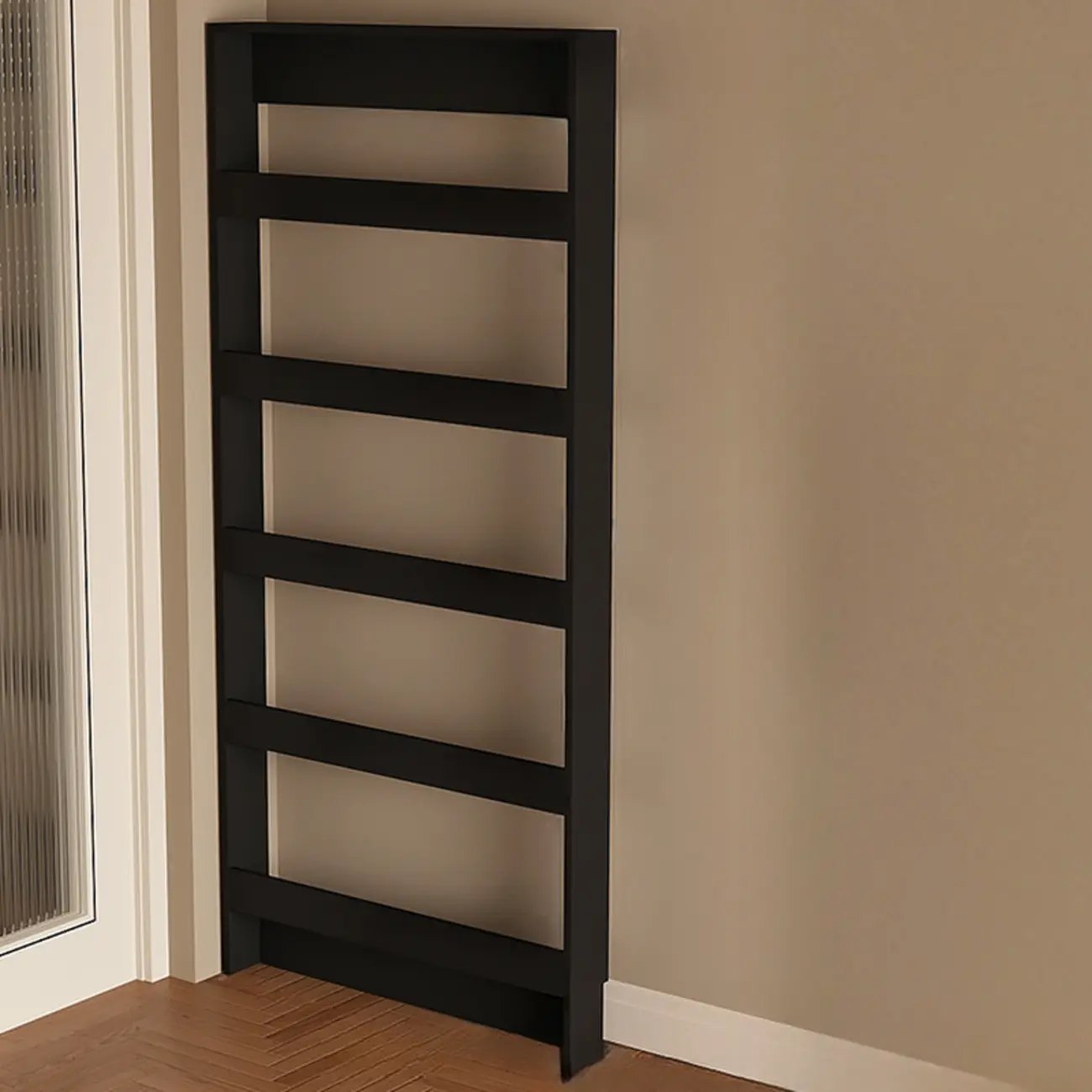Slim Black 5-Tier Open Back Wood Bookcase with Cabinet