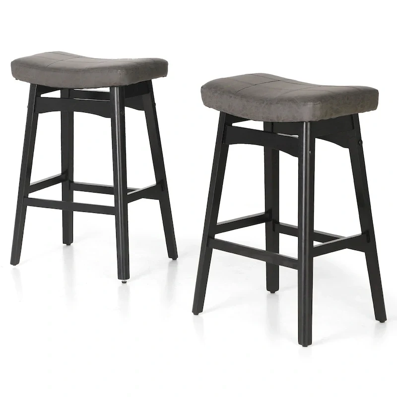 24 Inch Solid Wood Barstools with Linen / PU Leather Fabric Cushion, Set of 2