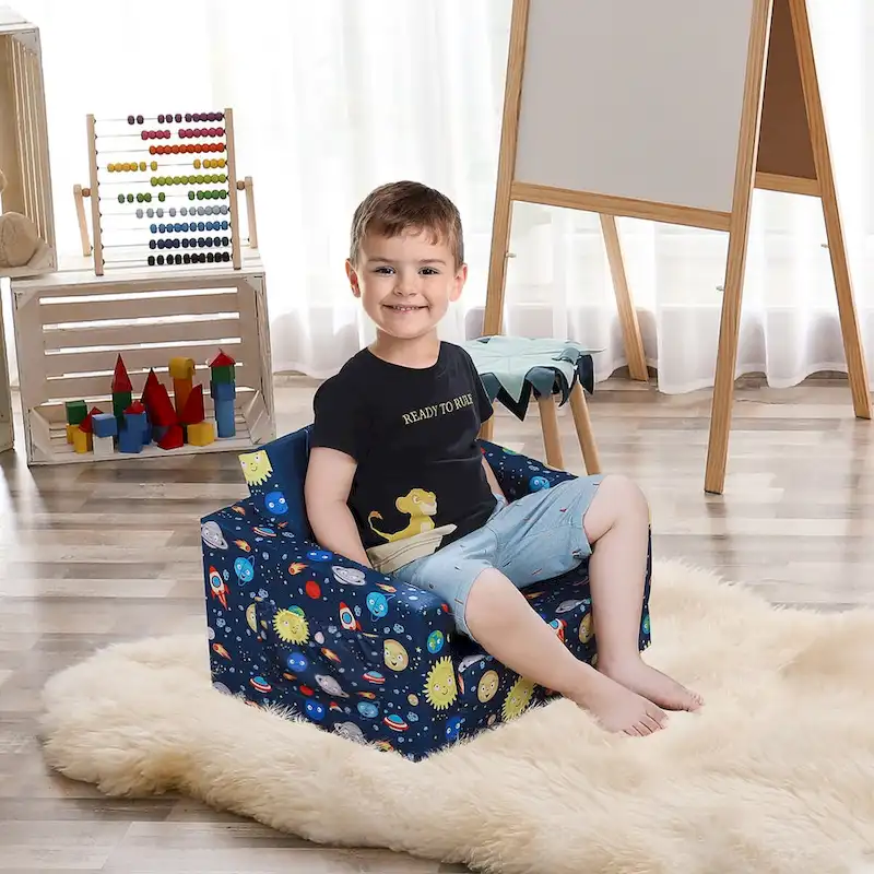 Pink / Blue Space-Themed Kids Fold-Out Couch & Chair, 2-in-1, Ages 3–6