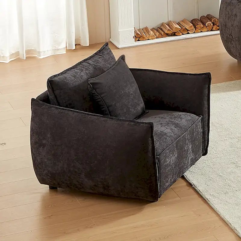 Black 44 Upholstered Arm Chair with Pillows and Wide Cushion