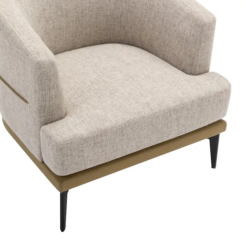 Modern Two-Tone Barrel Accent Chair – Linen & PU Leather, High-Density Foam, 330 lb Capacity, Metal Legs