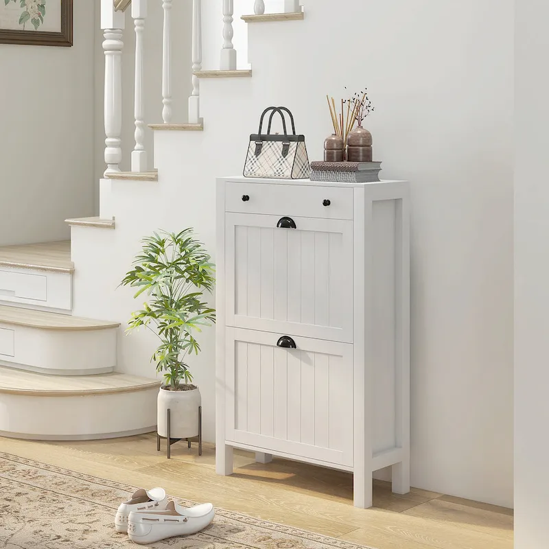White Freestanding Shoe Storage Cabinet with 2 Flip Drawers
