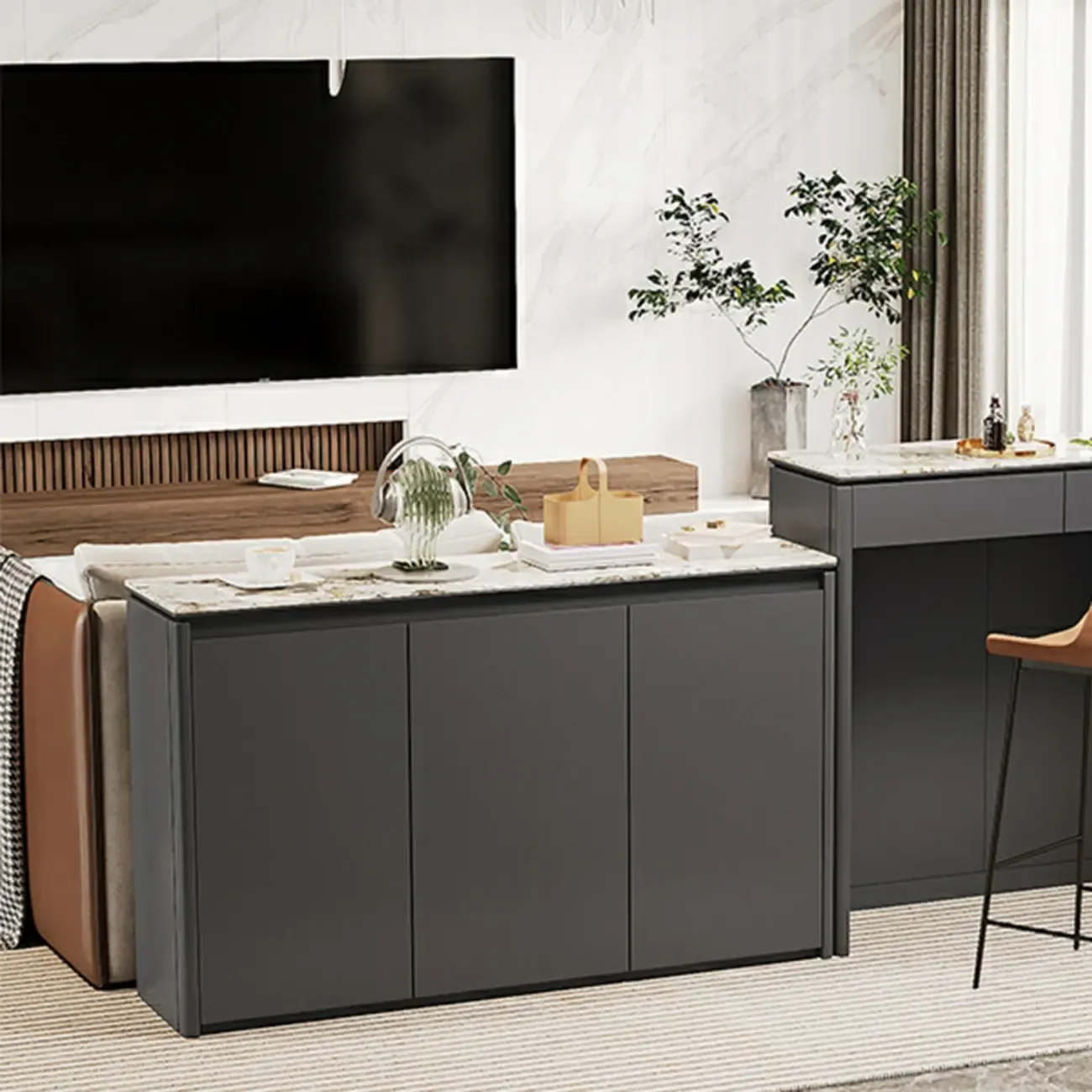 Modern White Stone Top Gray Pine Storage Sofa Bar Tables