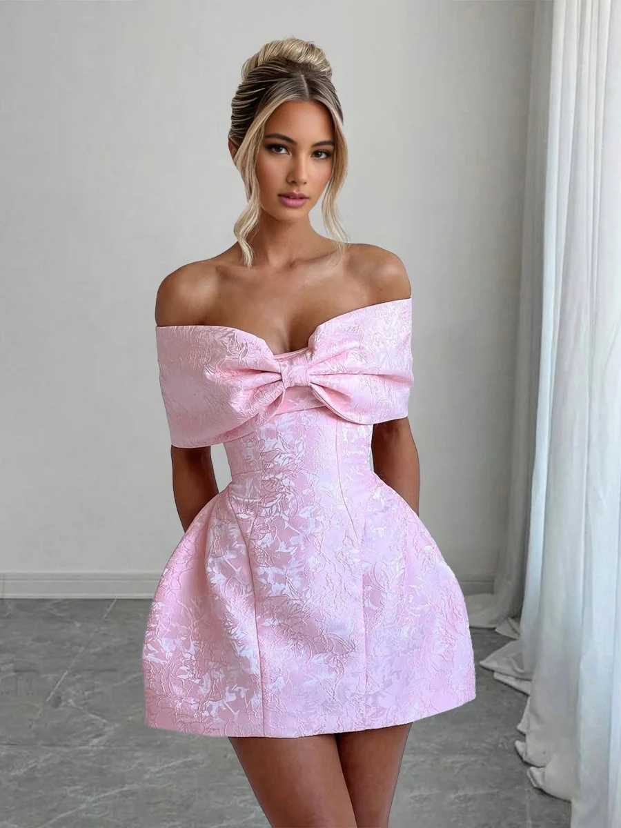 Pink - Off The Shoulder Jacquard A Line Homecoming Dress With Appliques