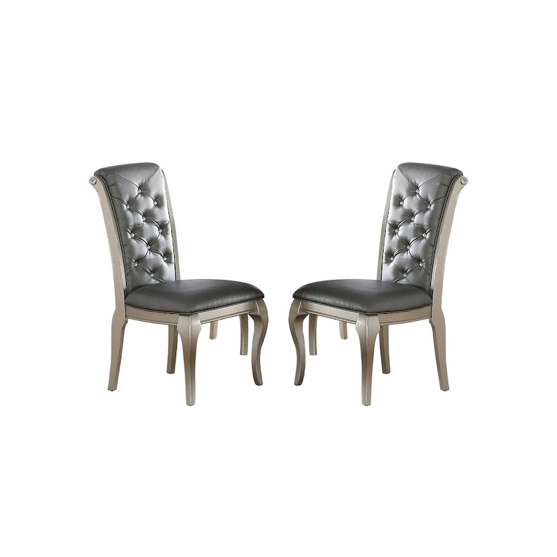 Dining Chairs With Button Tufted Back, Antique Silver(Set of 2)
