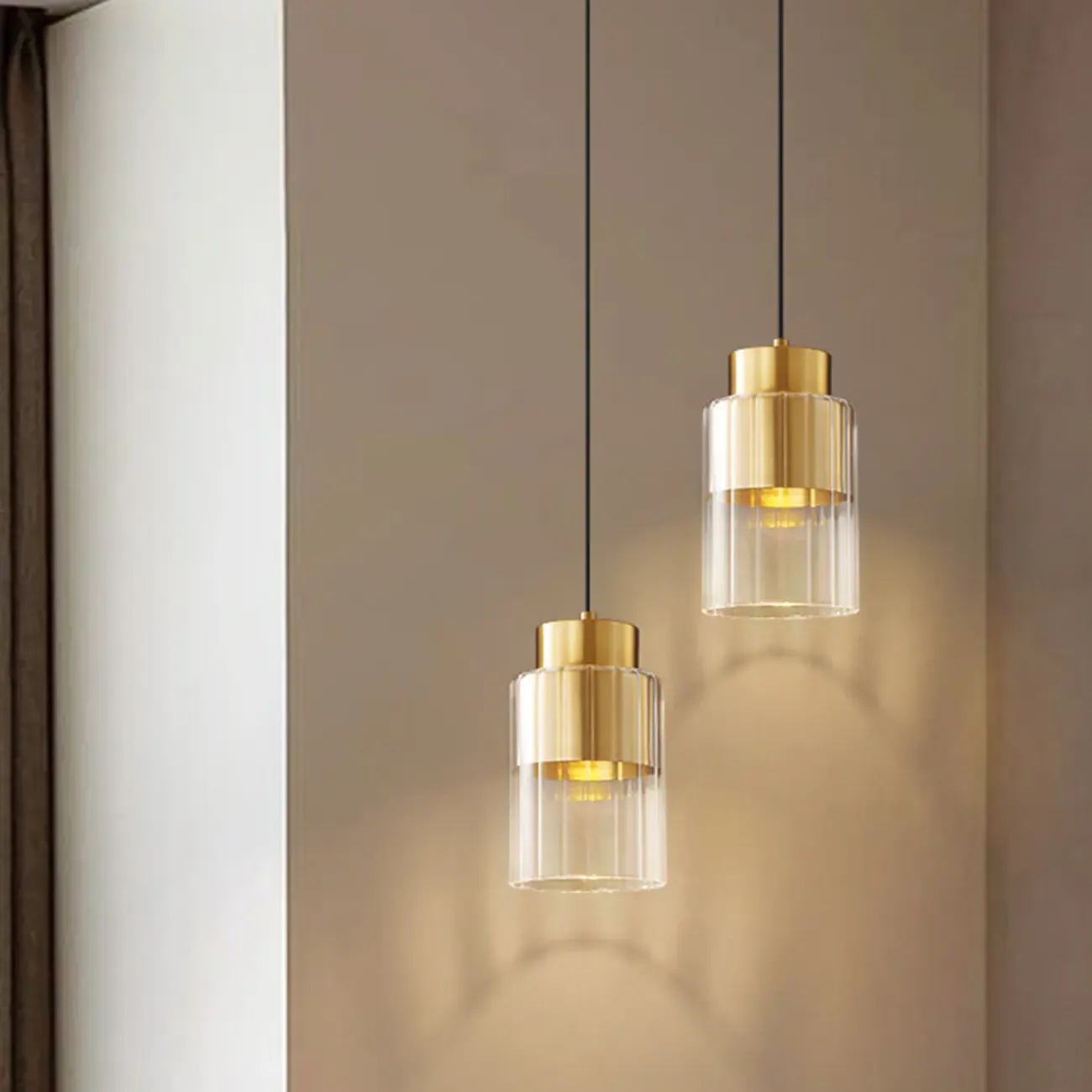 Minimalist Brass Clear Glass Cylinder Hanging Pendant Light