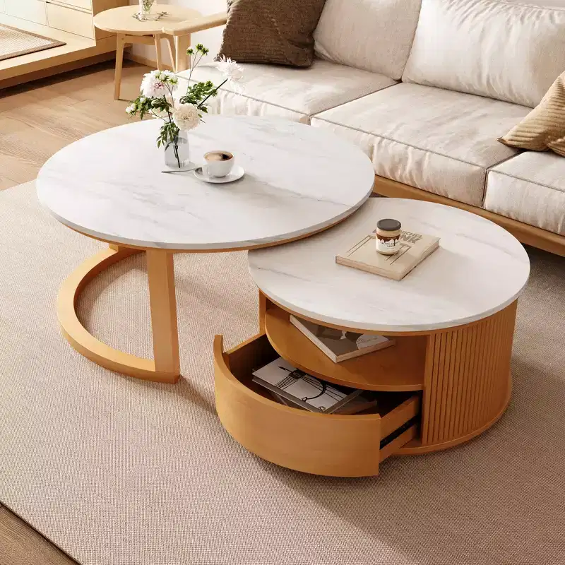 Modern Nesting Coffee Table with Drawer, Round Center Table with storage for Living Room