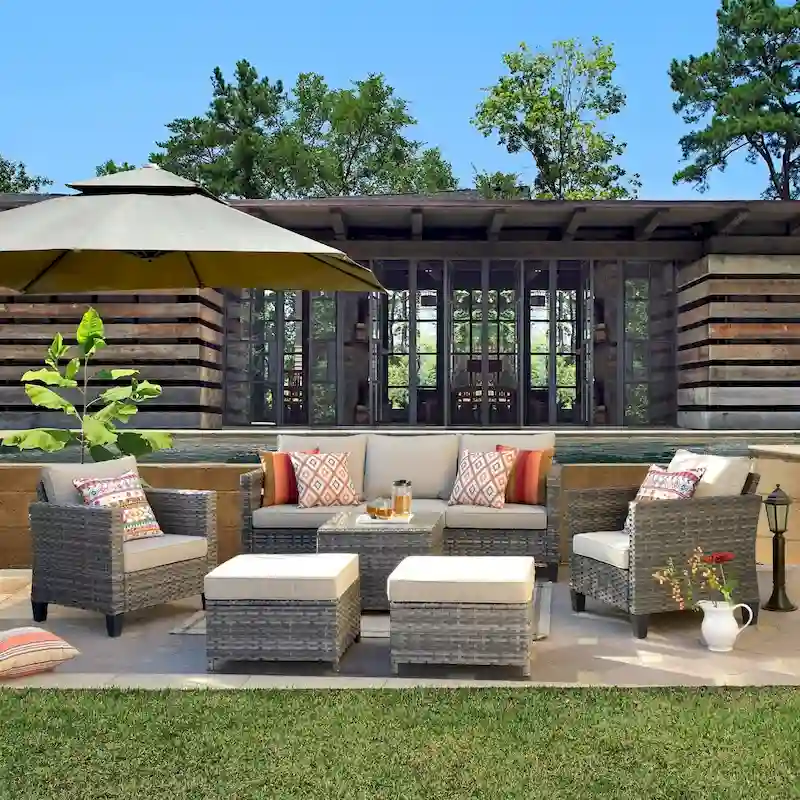 OVIOS 6-piece Outdoor Patio Wicker Conversation Set With Glass-Top Table