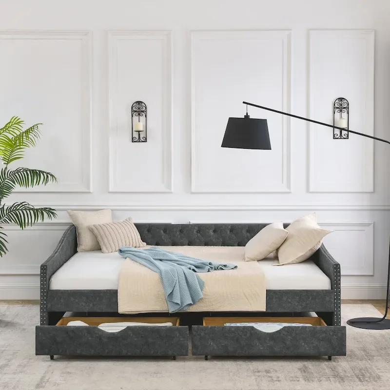 Queen Size Daybed With Drawers Upholstered Tufted Sofa Bed