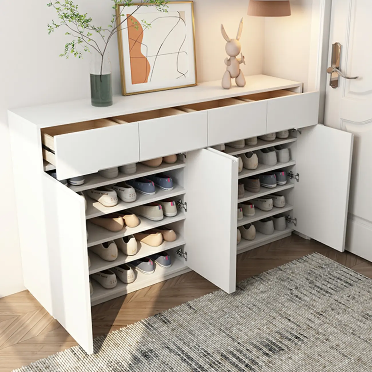 Trendy Large White Wood Hallway Shoe Cabinet