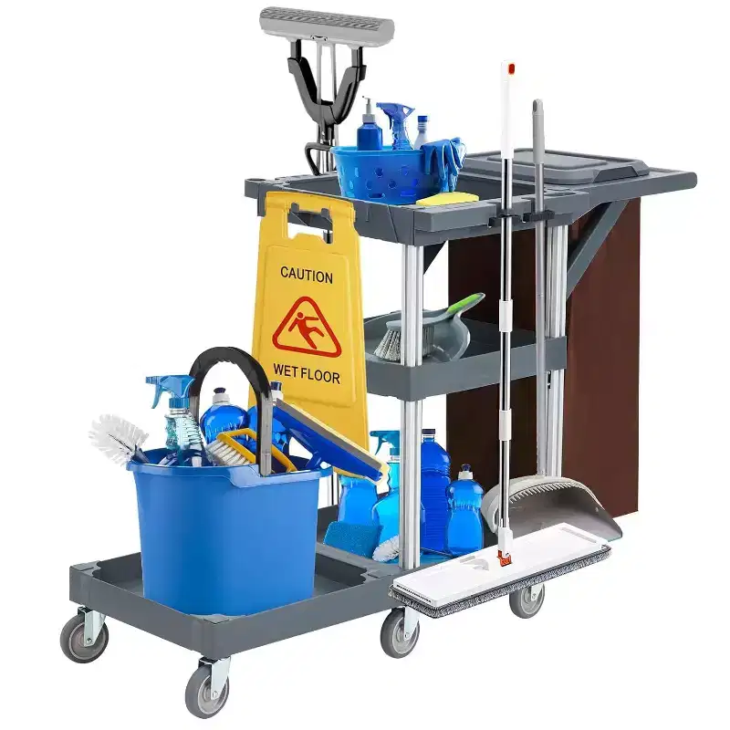 Commercial 3-Shelf Cleaning & Housekeeping Cart with Cover and Vinyl Bag for Hotels, Schools, and Business