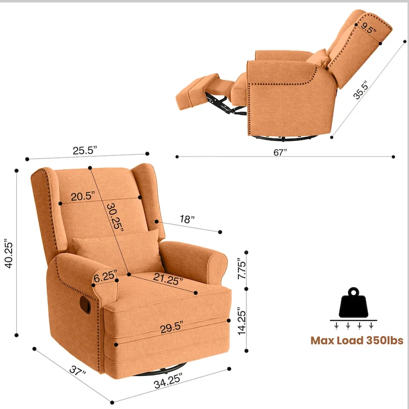 Swivel Recliner Chair with Extra Large Footrest, Grey
