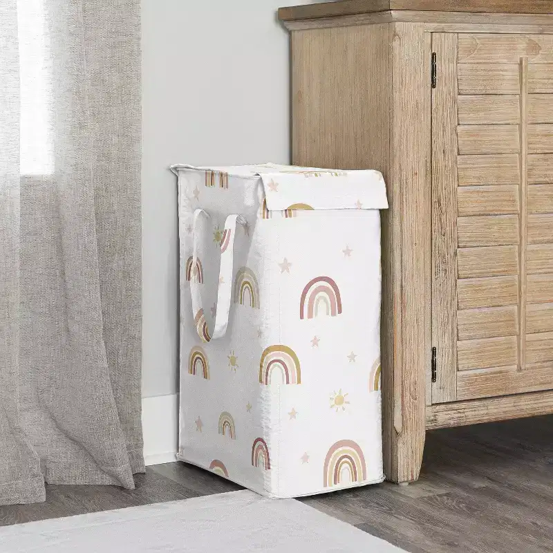 Sweet Jojo Designs Girl Foldable Laundry Hamper with Handles Boho Rainbow Pink Yellow and Beige
