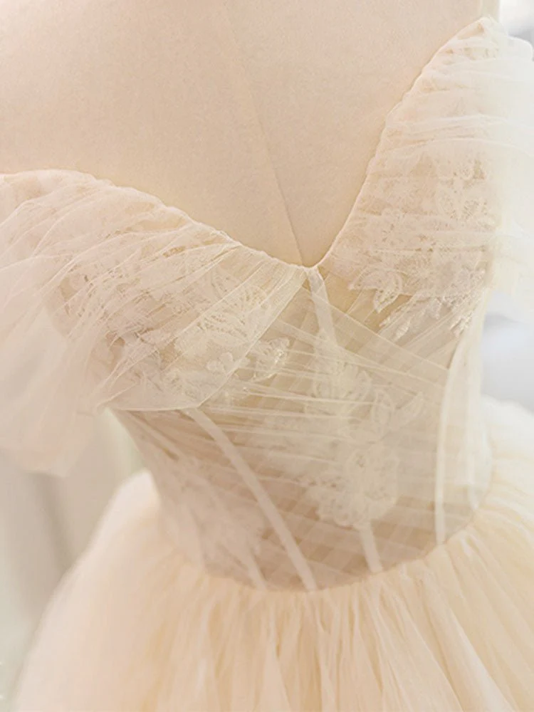 Champagne Tulle Lace Wedding Dress With Sweep Train