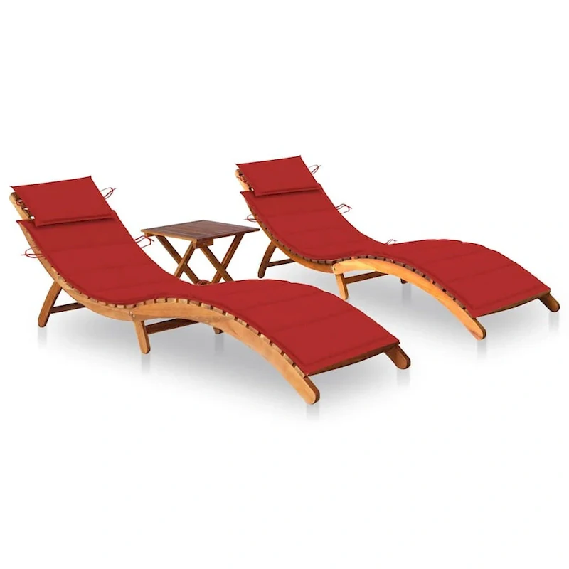 vidaXL Sun Loungers 2 pcs with Table and Cushions Solid Acacia Wood - 72.4 x 21.7 x 25.2