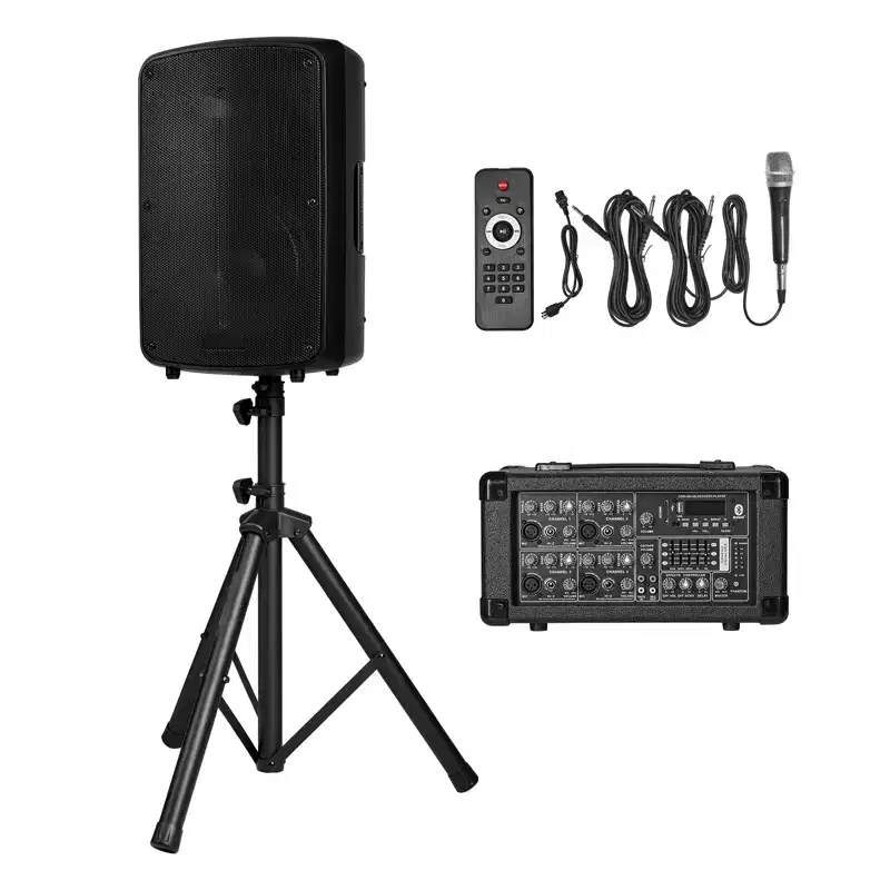 VEVOR Professional PA System, 800W Powered, Sound System Set with 6 Channel Mixer, Dual Speakers, Wireless Bluetooth, Microphone, Black