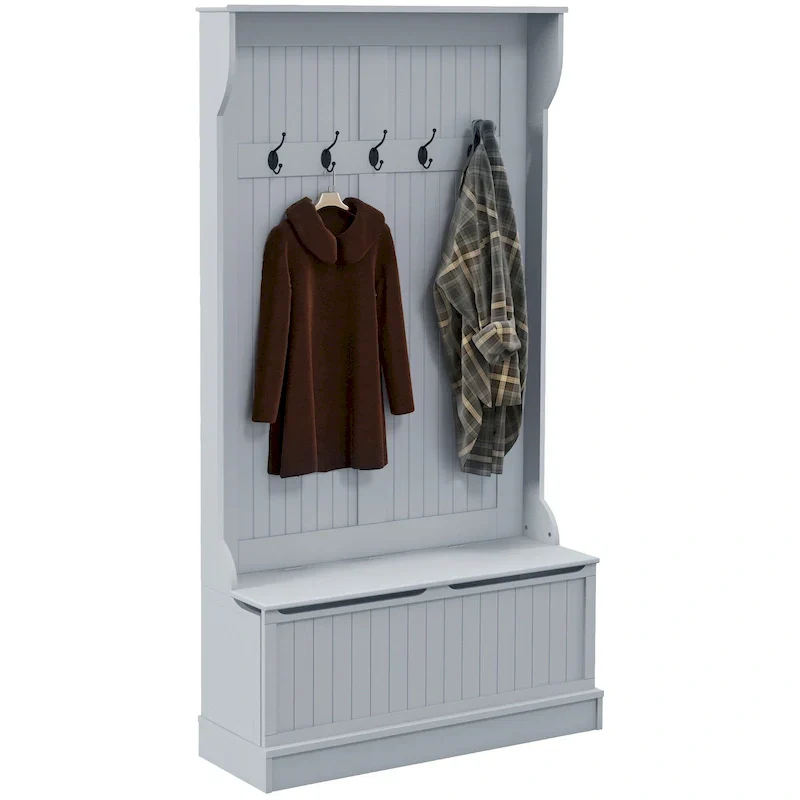 HOMCOM 38 3-In-1 Entryway Hall Tree with Storage Bench, Coat Rack with Four Hooks and Shoe Storage, Black