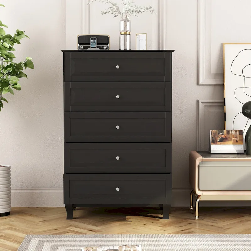 Black 5-Drawer Dresser with Wood Legs