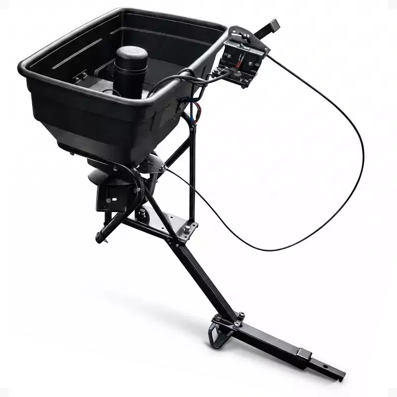 Field Tuff 12V 125 Pound Capacity Grass Seed Fertilizer Spreader with Hitch Mount Receiver and Rain Protector for ATV, UTV, or Utility Tractor