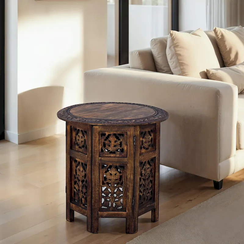 18 Inch Mango Wood Folding Accent Table, Hand Carved, Walnut Brown