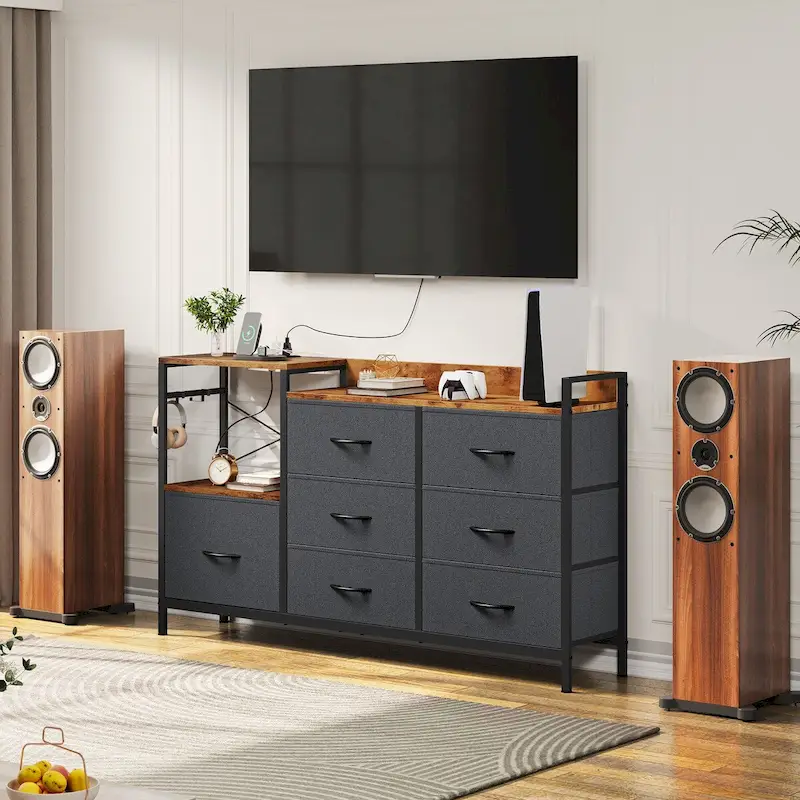 7-Drawer Dresser & Media Console with Charging Station – Gray / Black, 1-Person