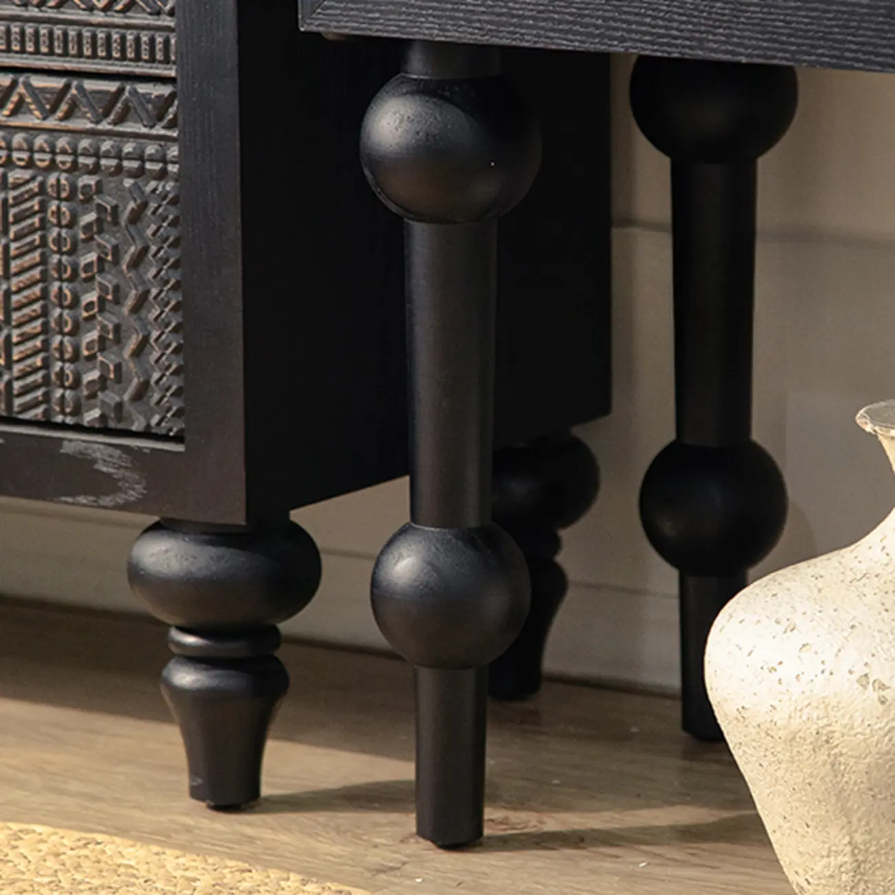 Artistic Pattern Wood Black Cabinet Sideboard in 3-Shelf