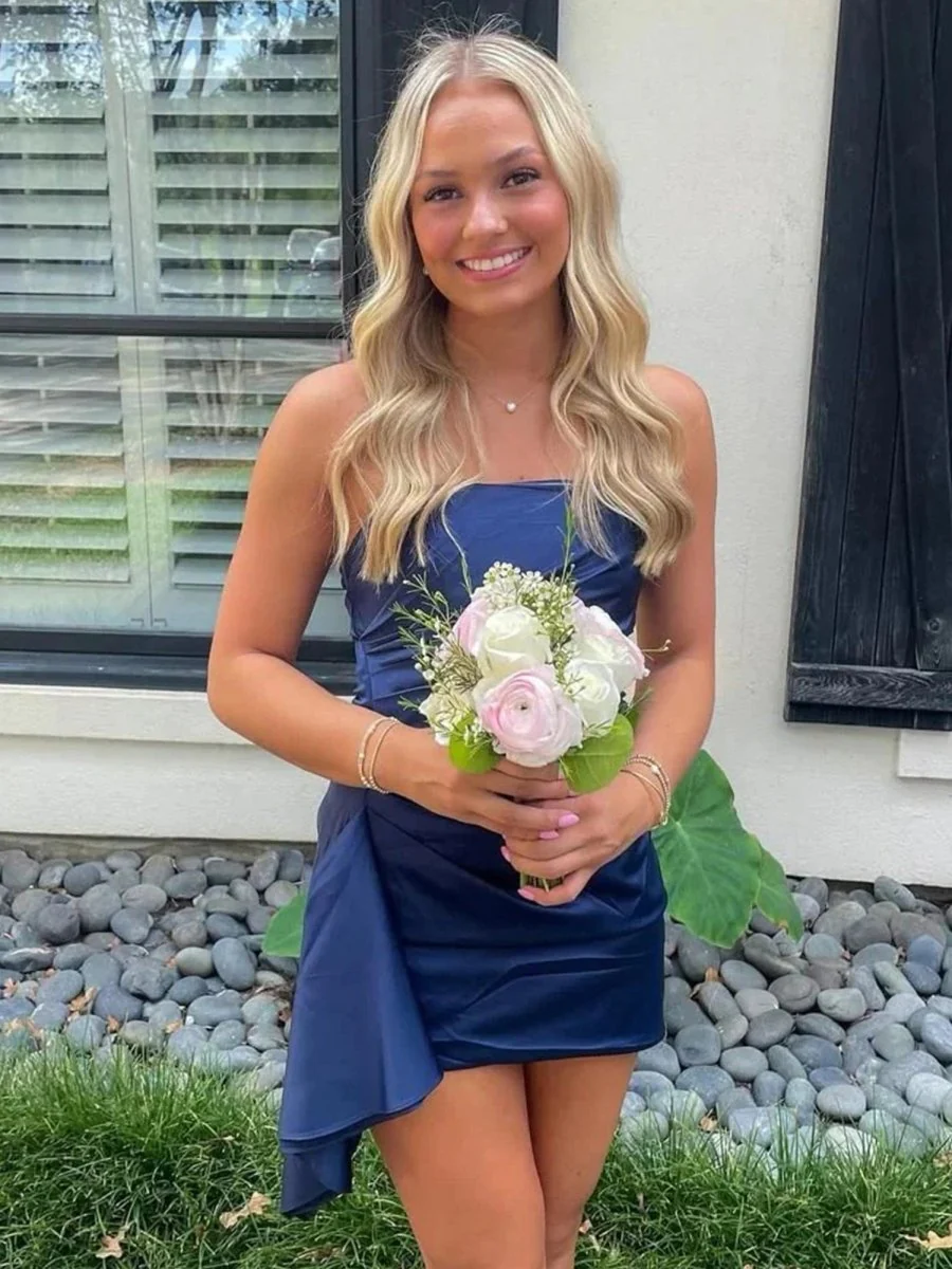 Navy Blue - Sheath Strapless Satin Short Homecoming Dresses