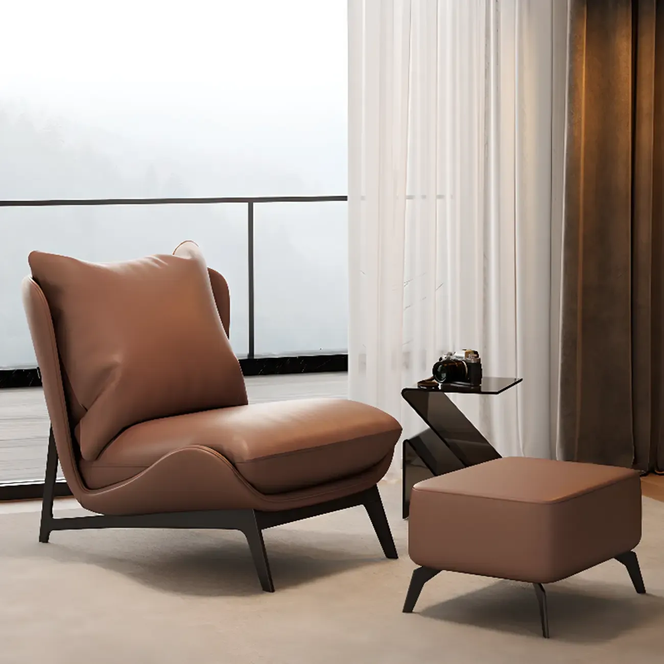 Modern Cat-Resistant Leather Accent Chair with Ottoman