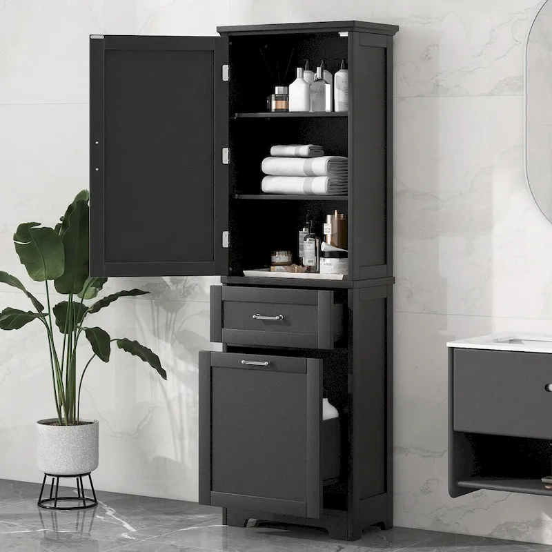 68 Tall Bathroom Storage Cabinet, Freestanding Storage Cabinet with Two Different Size Drawers and Adjustable Shelf, MDF Board