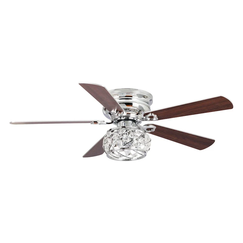 48  Chrome Wooden 5-Blade Crystal Flush Mount Ceiling Fan with Remote