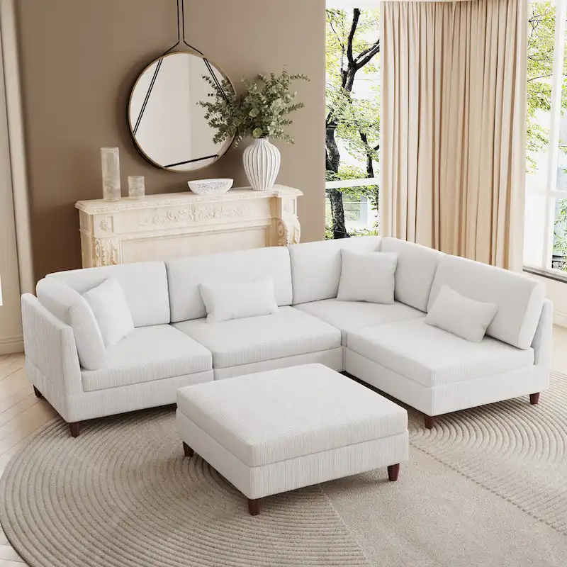 Corduroy Convertible Couch Modular Sectional Sofa with Ottoman