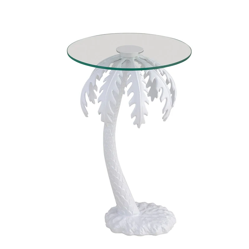 White Palm Tree End Table, Metal Base & Clear Glass Top, 1-Person Side Table