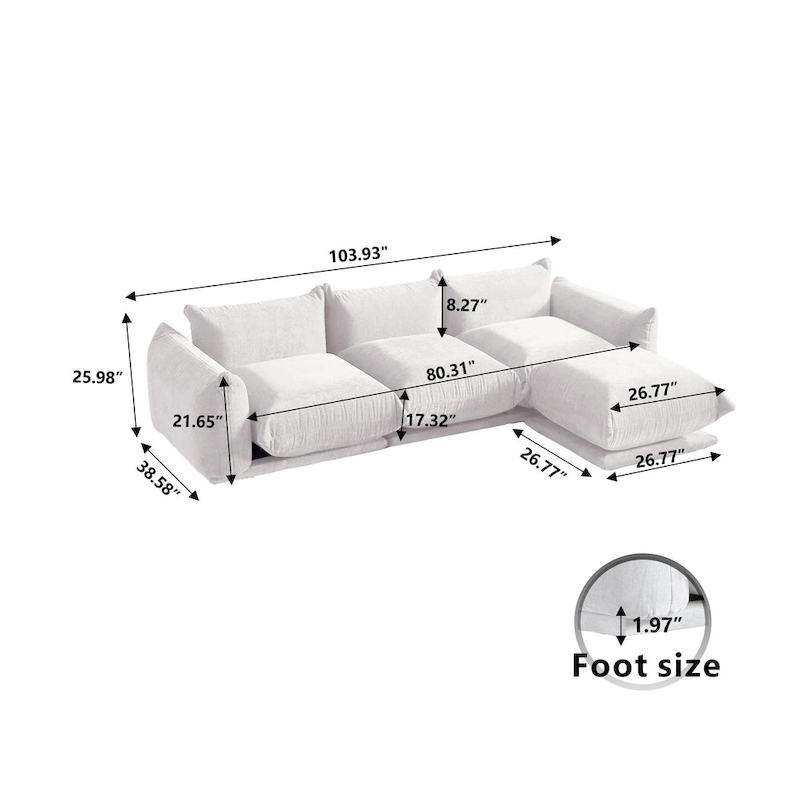 103.9  L-Shaped Sectional Sofa Chenille Fabric 3-Seat Couch with Ottoman