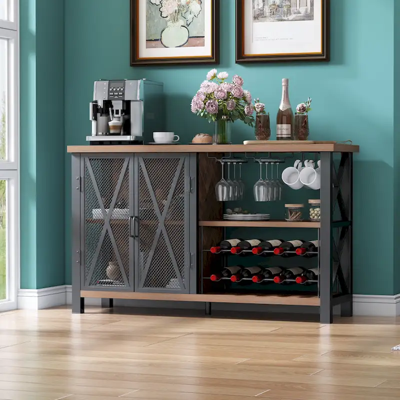 Grey/Brown Bar Cabinet with Wine Rack