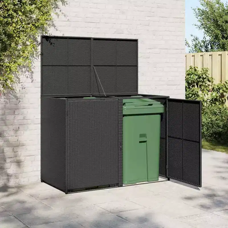 vidaXL Double Wheelie Bin Shed with Lid, Poly Rattan