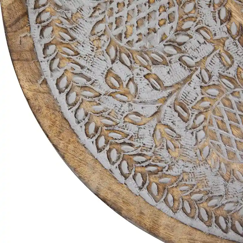 21  Antique Gray Engraved Round Tri Leg Wooden Side Table