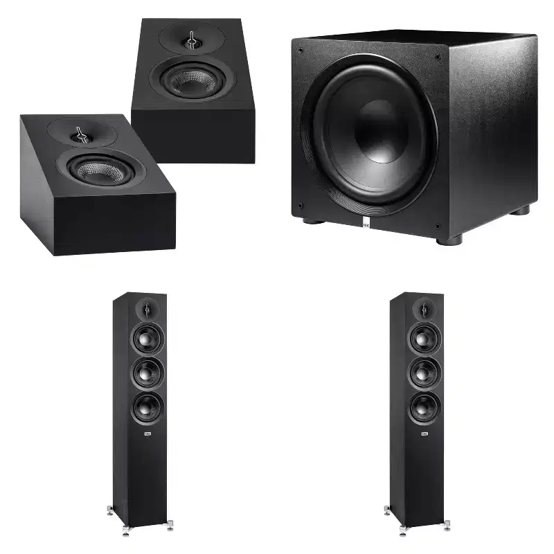 Elac DF53-BK - Debut 3.0 5.25 Floor Speaker - Black (Pair), ELAC DA43-BK Debut 3.0 - DA43-BK Atmos / On Wall speaker, and Elac PS500 Subwoofer