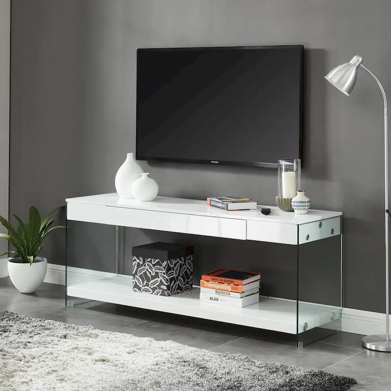 Takamura Modern 60-inch Glass 1-Shelf 1-Drawer TV Console by Strick & Bolton