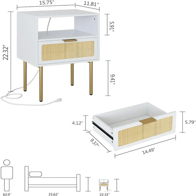Nightstand with Charging Station - 11.81D x 15.75W x 22.05H