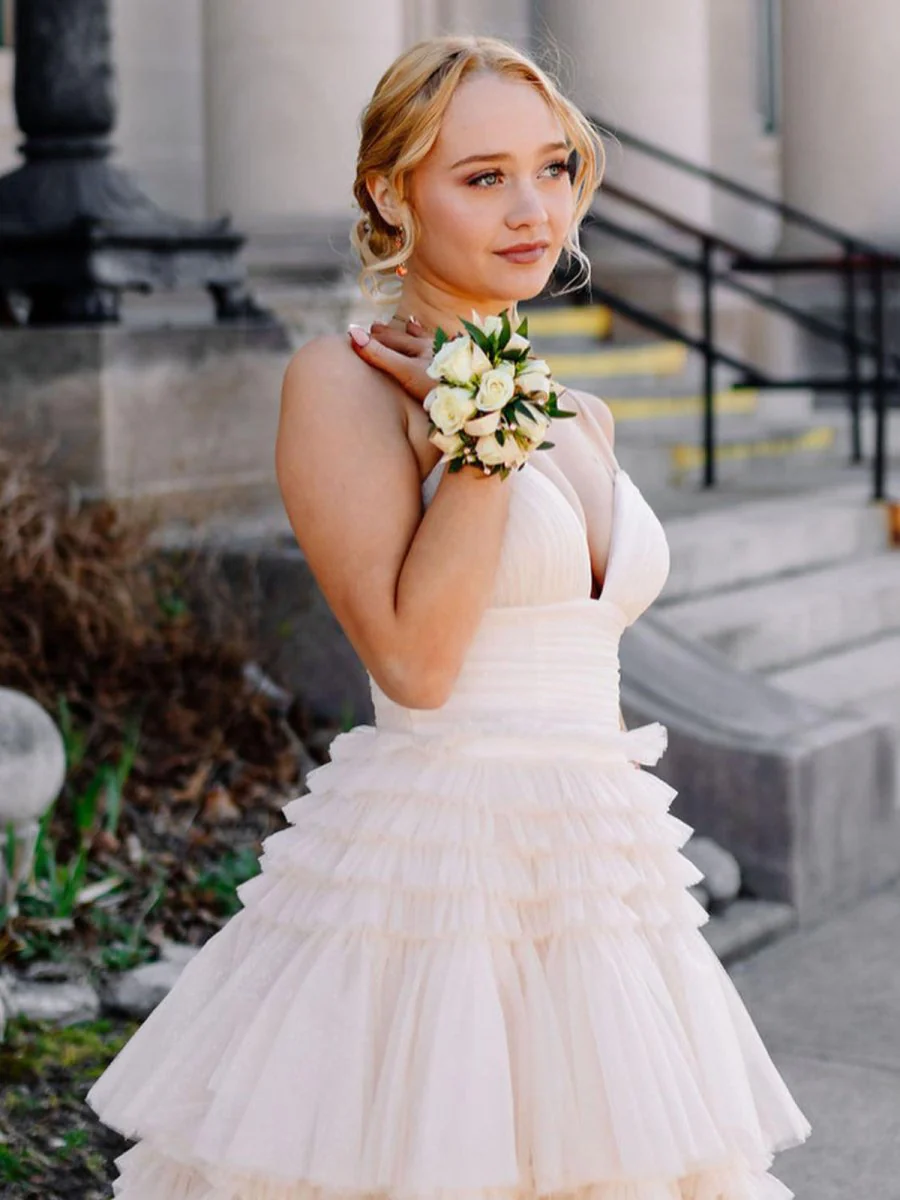 Tulle Deep V Neck Spaghetti Straps Long Prom Dress