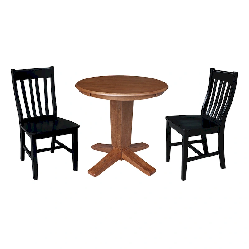 30 in Round Top Pedestal Dining Table with 2 Dining Chairs in Distressed Oak/Black