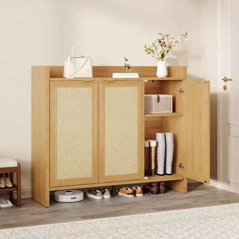 Rattan Shoe Storage Cabinet, Wooden Shoe Rack Organizer Cabinet with 3 Doors and Adjustable Shelves for Entryway Living Room Hallway, Dark Oak