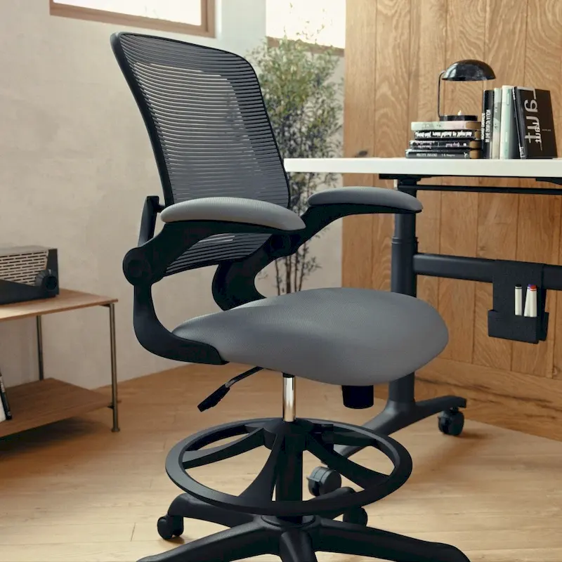 Mid-Back Mesh Ergonomic Drafting Chair with Foot Ring and Flip-Up Arms