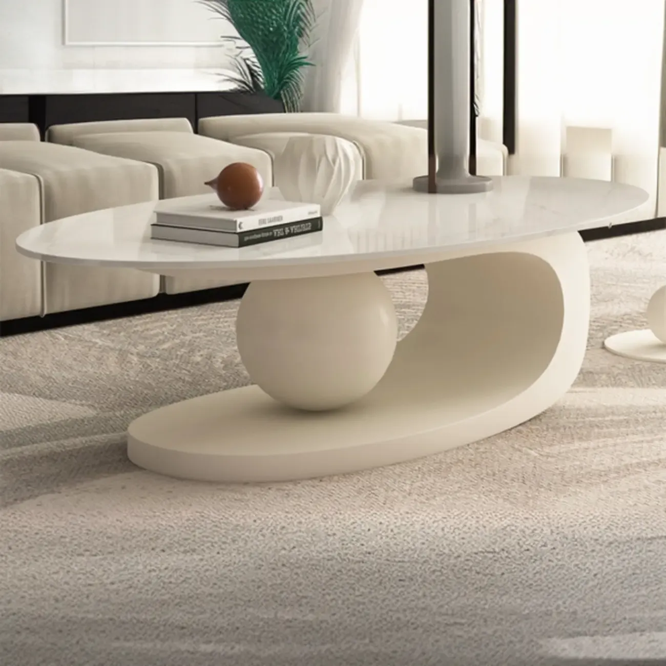 Modern Light Luxury White Oval Coffee Table with Metal Base