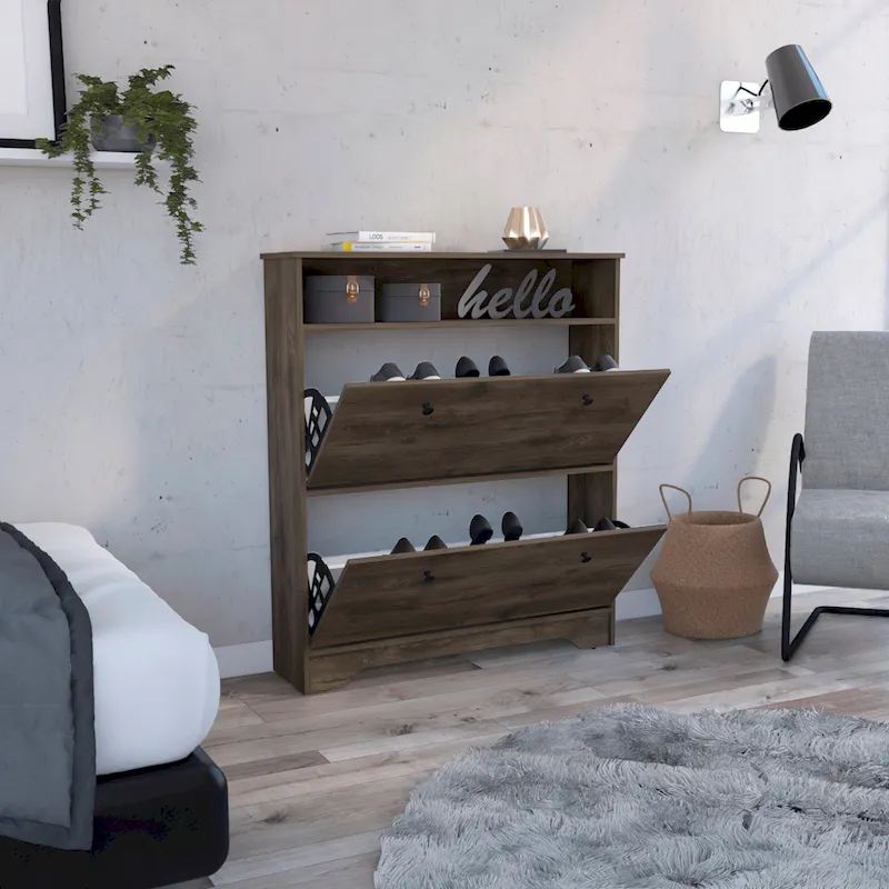 Dark Brown Shoe Rack with Open Shelf & 2 Extendable Shelves - Entryway Storage