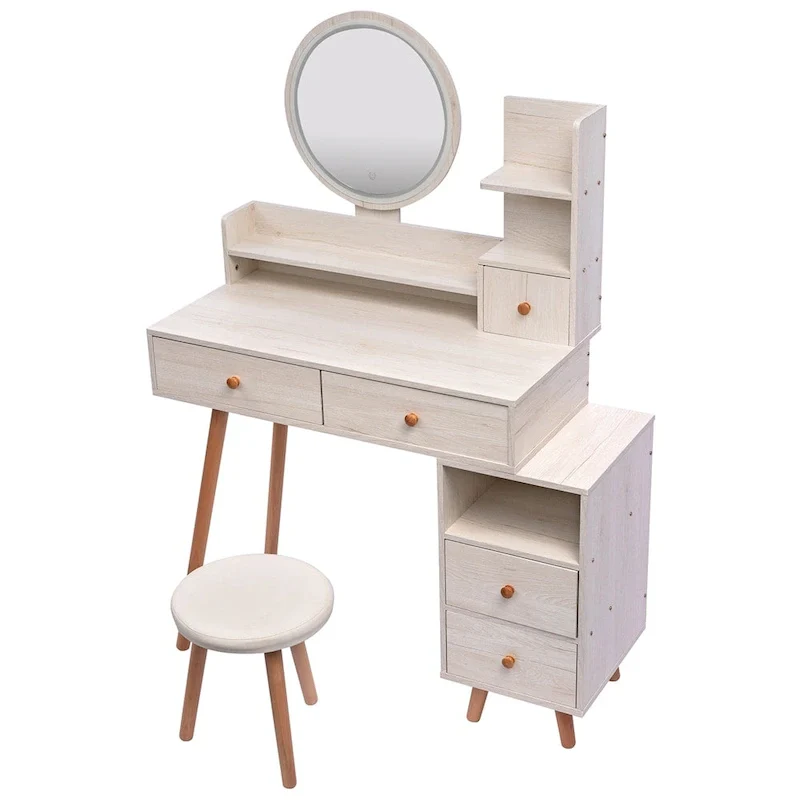 White Oak Modern Single-Person Vanity Table Set with Touch LED Mirror & 5 Drawers