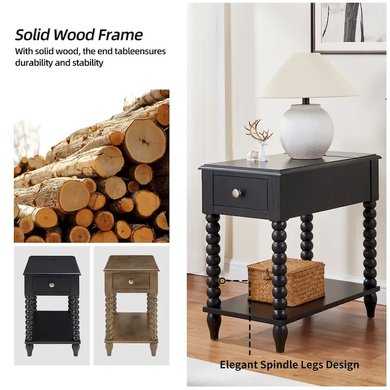 Traditional 23.6 Spindle Leg Wood End Table with USB