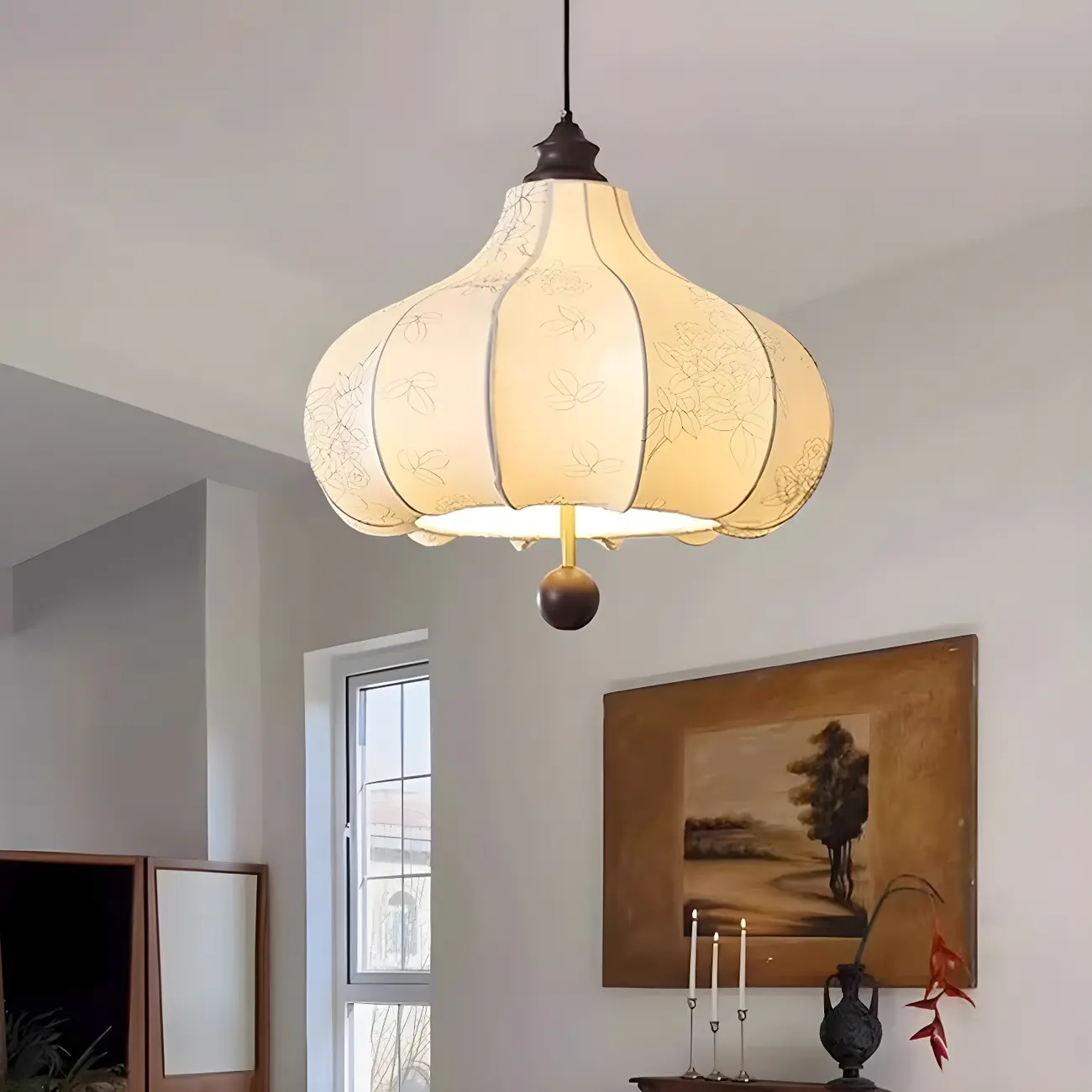 Traditional White Fabric Drum Shade Wooden Chandelier